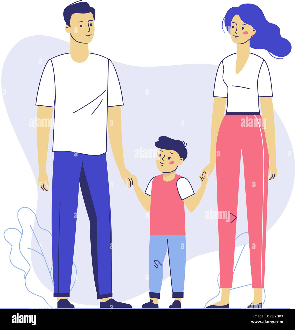 Famille couple père et mère avec enfant debout ensemble et tenant les mains. Concept de bonheur et d'amour. Illustration de Vecteur