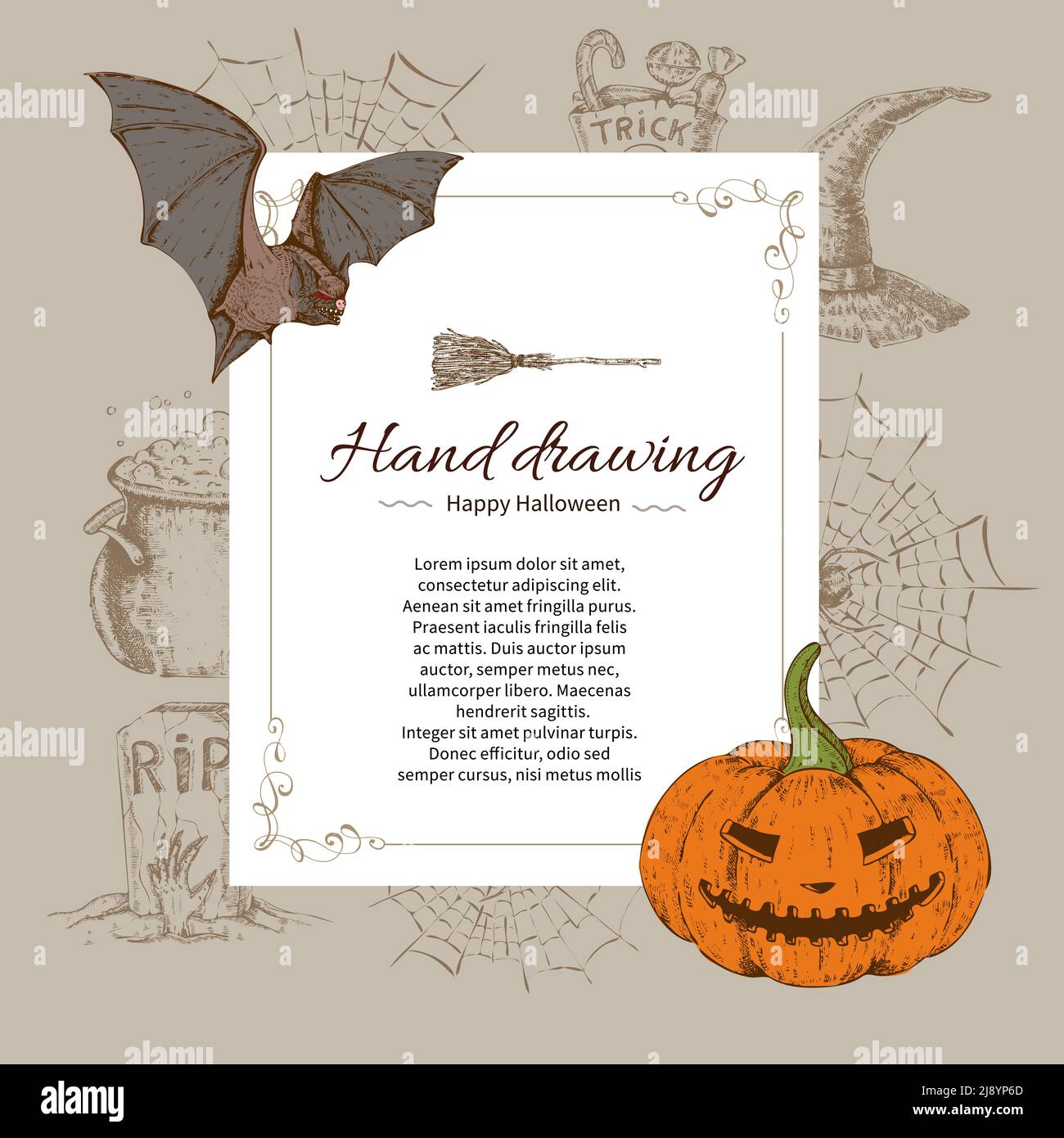 Modèle de lettre d'Halloween avec cadre décoratif batte et citrouille illustration vectorielle d'arrière-plan des éléments de vacances dessinés à la main Illustration de Vecteur