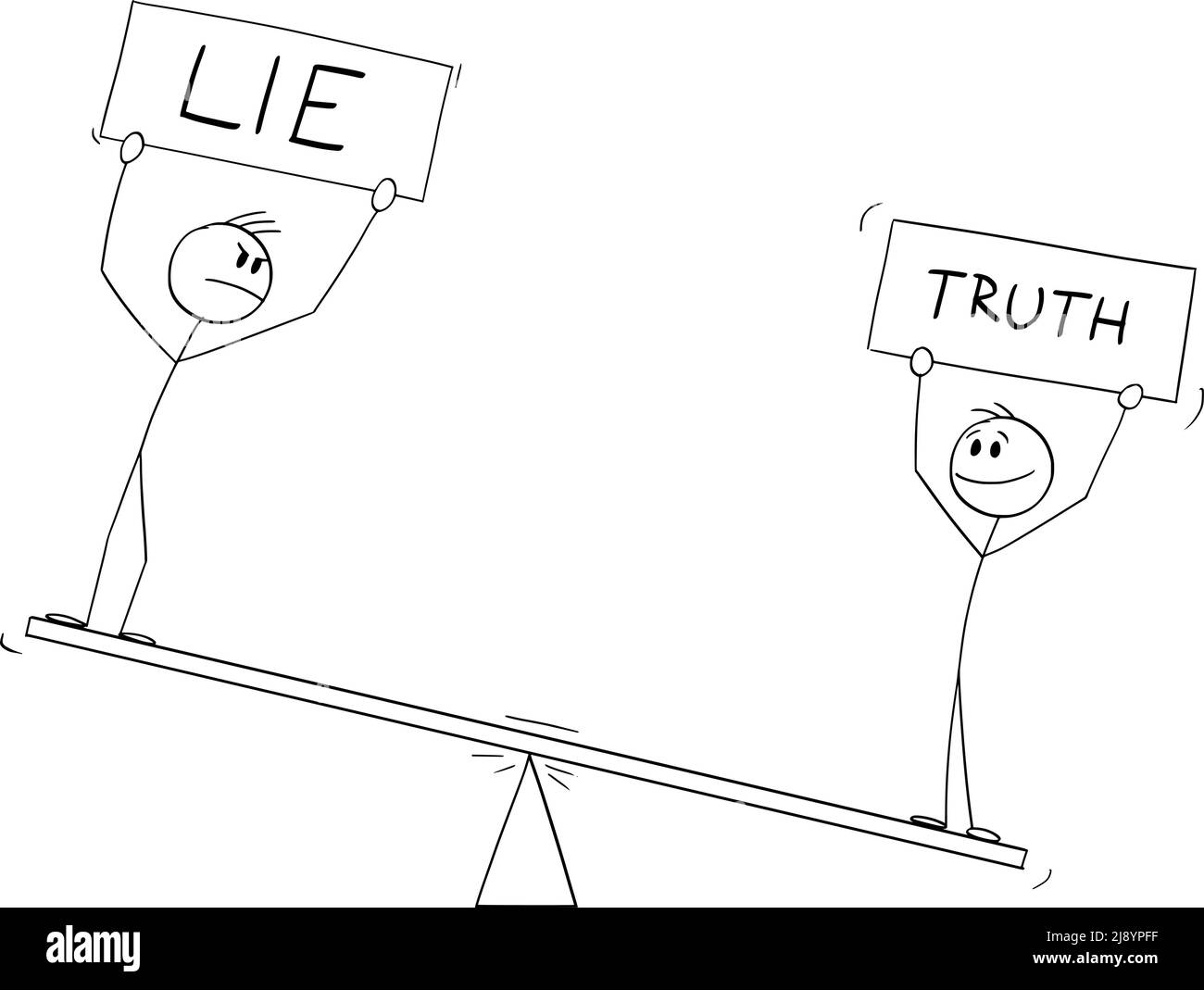 Deux personnes sur les balances tenant des signes de mensonge et de vérité , Illustration de la figure de bâton de dessin vectoriel Illustration de Vecteur