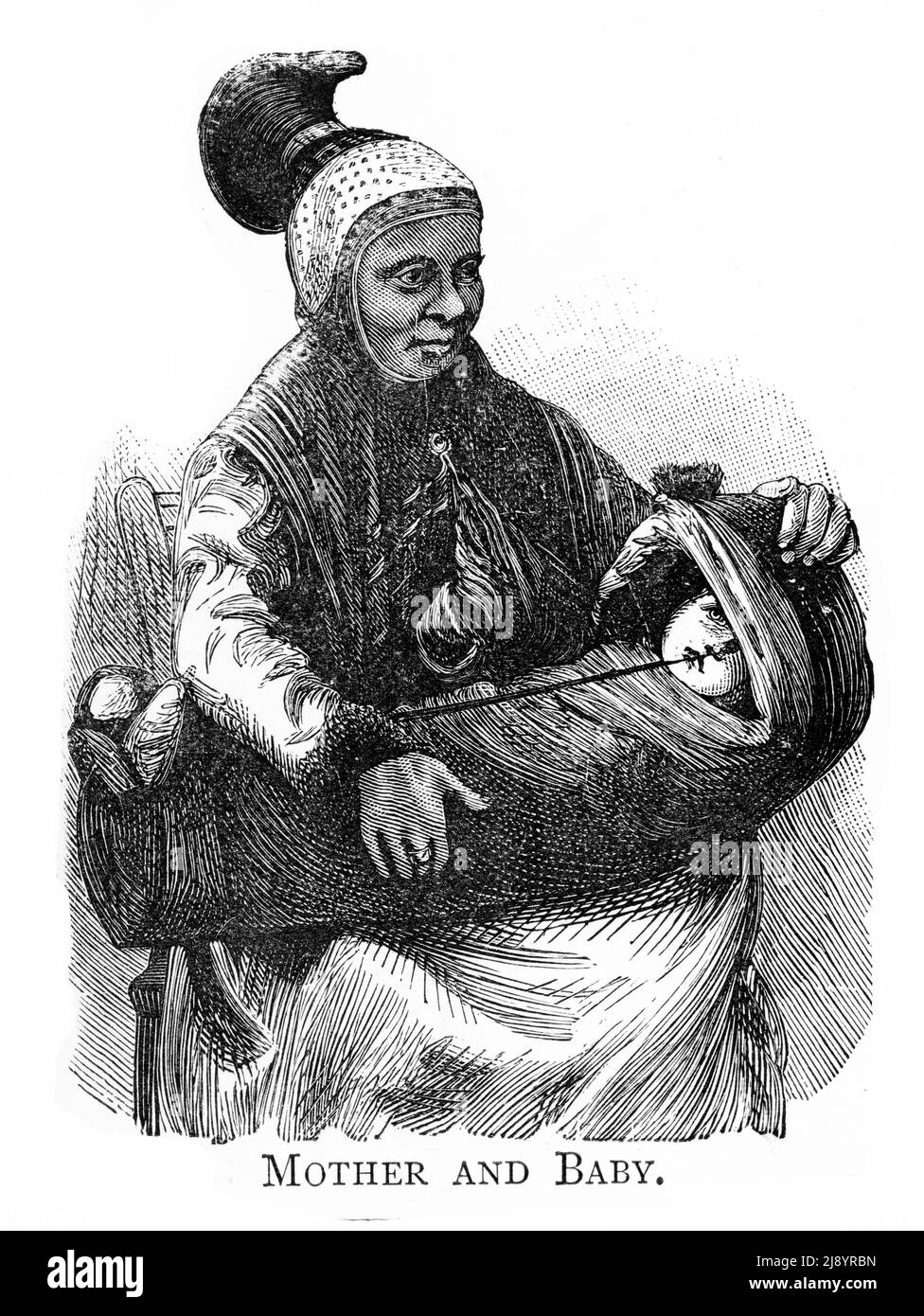 Gravure d'une mère et d'un bébé de Laponie, vers 1880 Banque D'Images Gravure d'une mère et d'un bébé de Laponie, vers 1880 Banque D'Images
