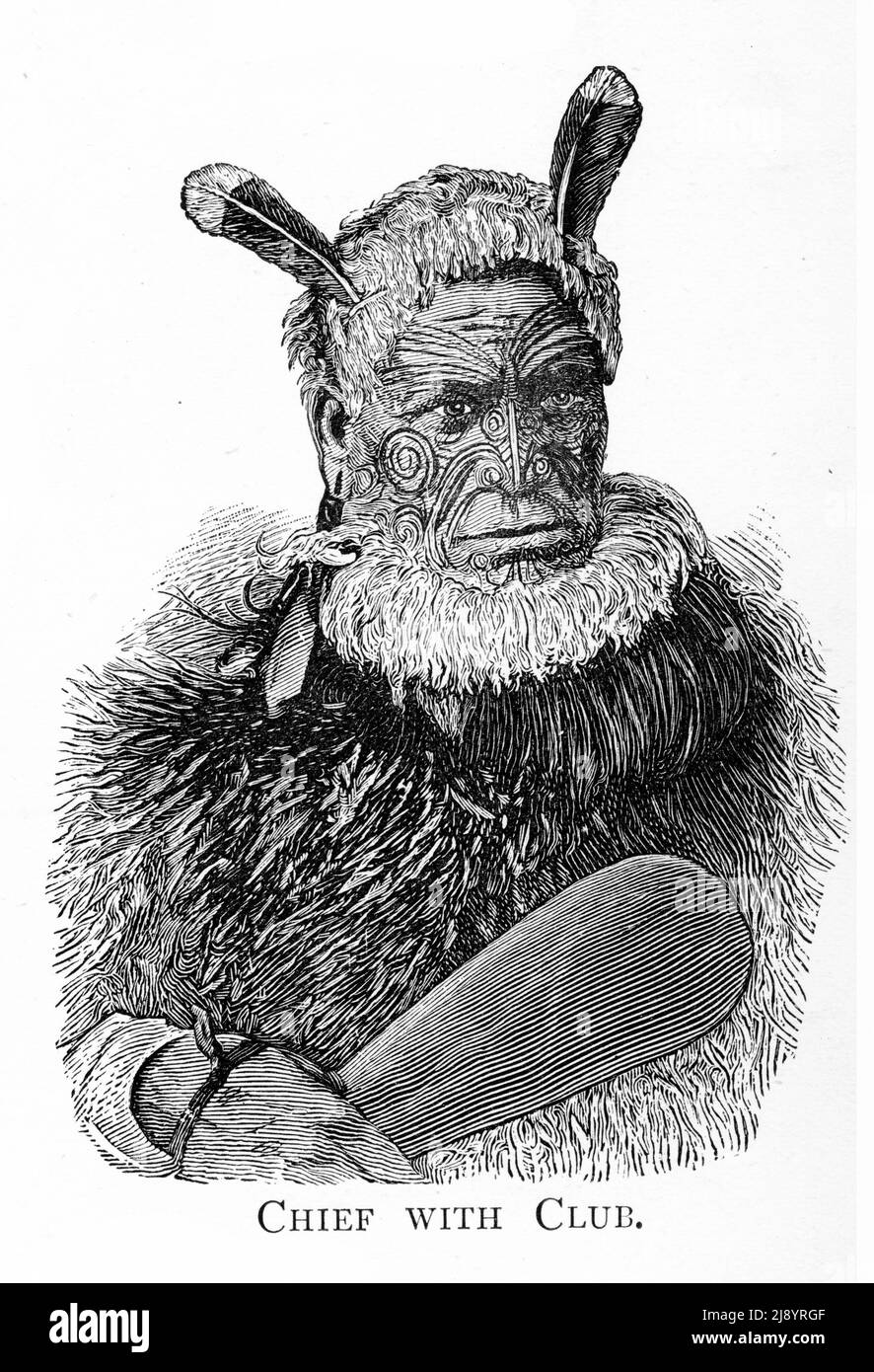 Portrait gravé d'un chef maori avec club de guerre Banque D'Images