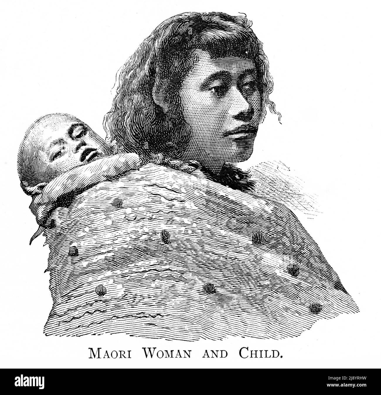 Illustration d'une jeune femme maorie avec un bébé, vers 1880 Banque D'Images