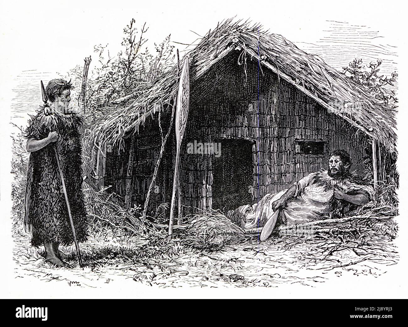 Gravure d'une maison maorie traditionnelle, vers 1880 Banque D'Images