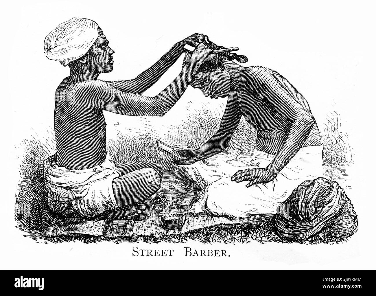 Gravure d'un barbier de rue en Inde, vers 1880 Banque D'Images