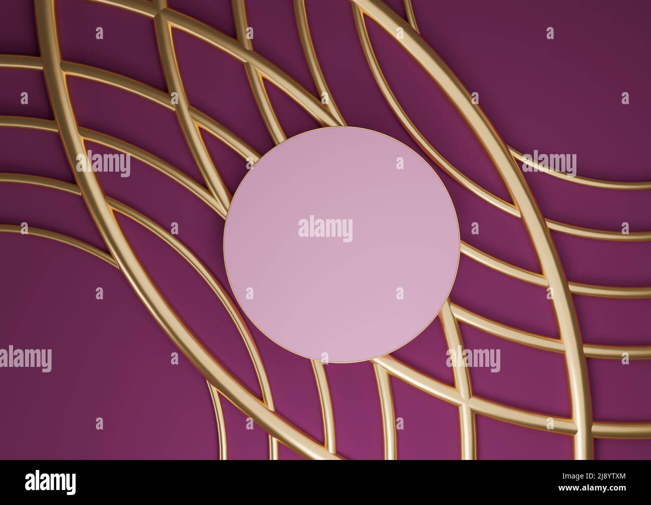 Magenta foncé, violet 3D rendu produit affichage plat poser podium cylindre support luxueuse composition abstraite avec des lignes dorées ornements pour le cosmet Banque D'Images