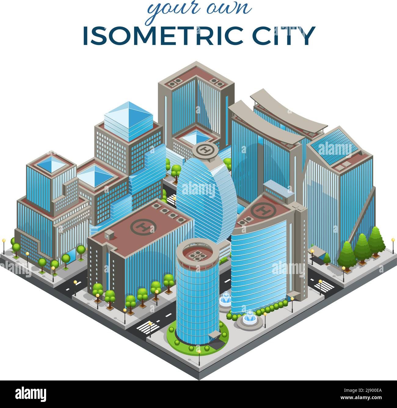 Modèle de paysage urbain moderne isométrique avec immeubles de bureaux de différentes formes illustration vectorielle isolée des fontaines des arbres routiers Illustration de Vecteur