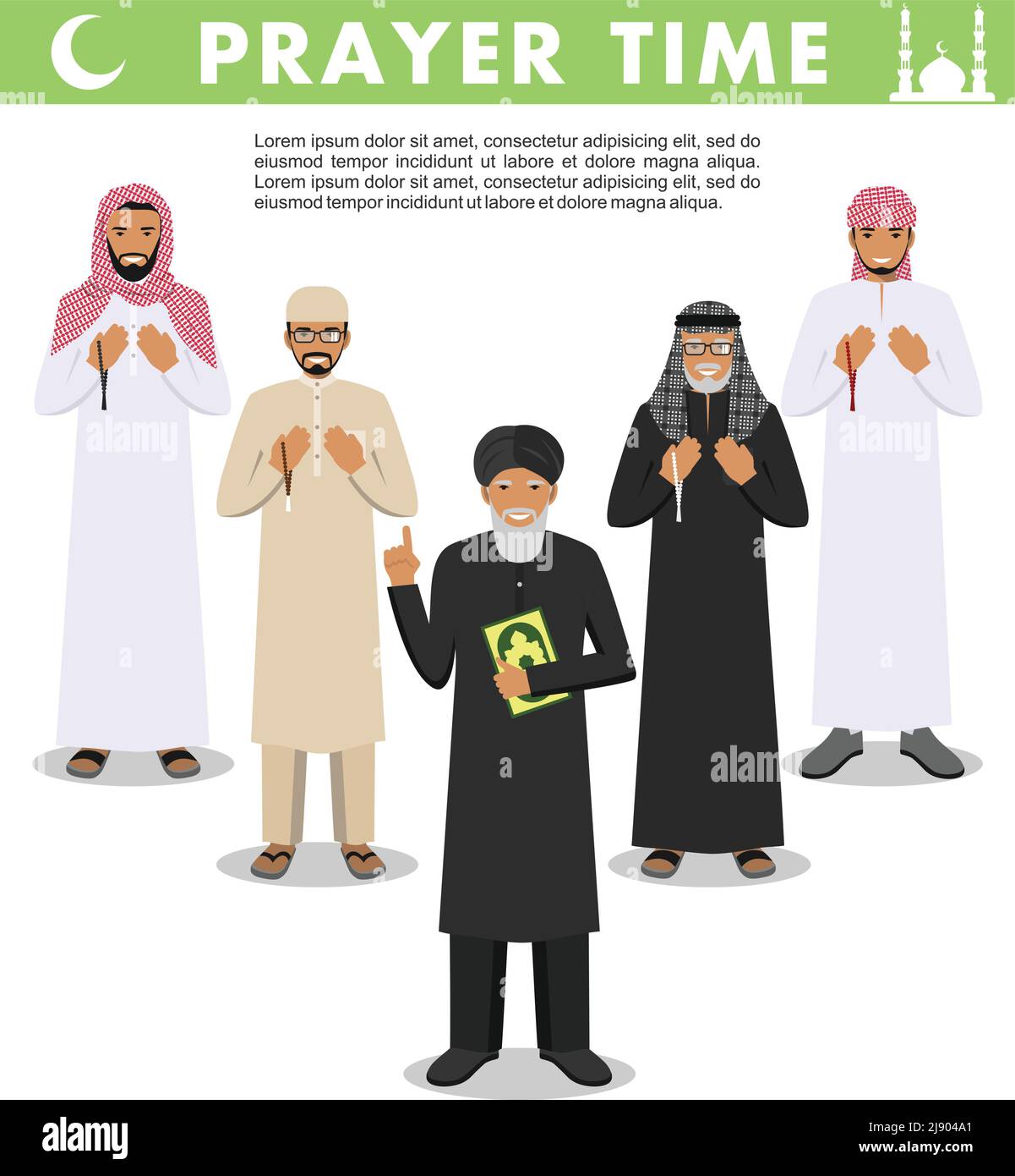 Le peuple islamique debout ensemble avec des perles dans les mains et prie. Mufti avec coran. Illustration de Vecteur
