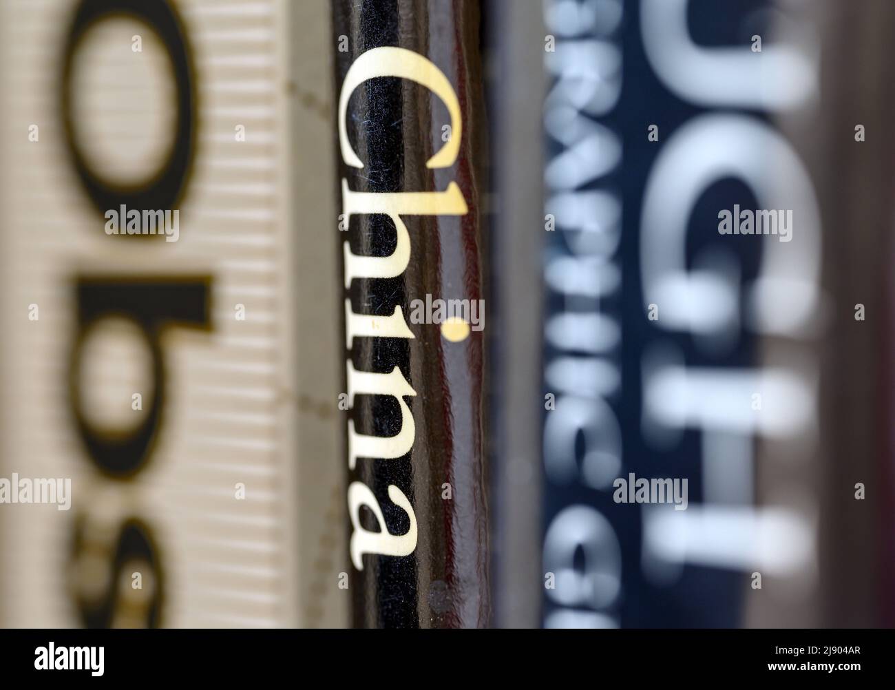 Détail des livres sur une étagère. Faible profondeur de champ avec accent sur le mot Chine. Met en évidence le mot Chine pour illustrer un article sur la Chine. Banque D'Images