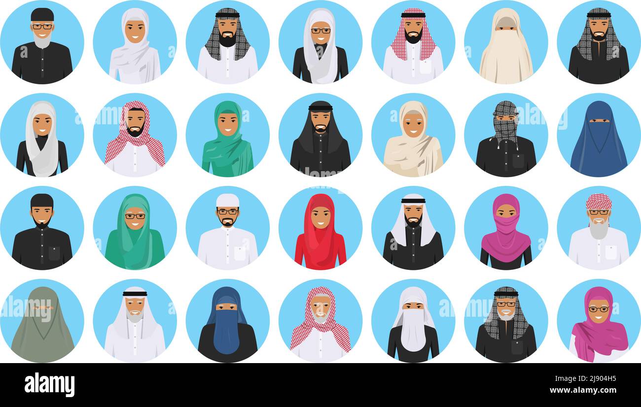 Illustration détaillée de différents avatars arabes icônes placées dans le traditionnel national musulman arabe vêtements isolés sur fond bleu dans la fla Illustration de Vecteur