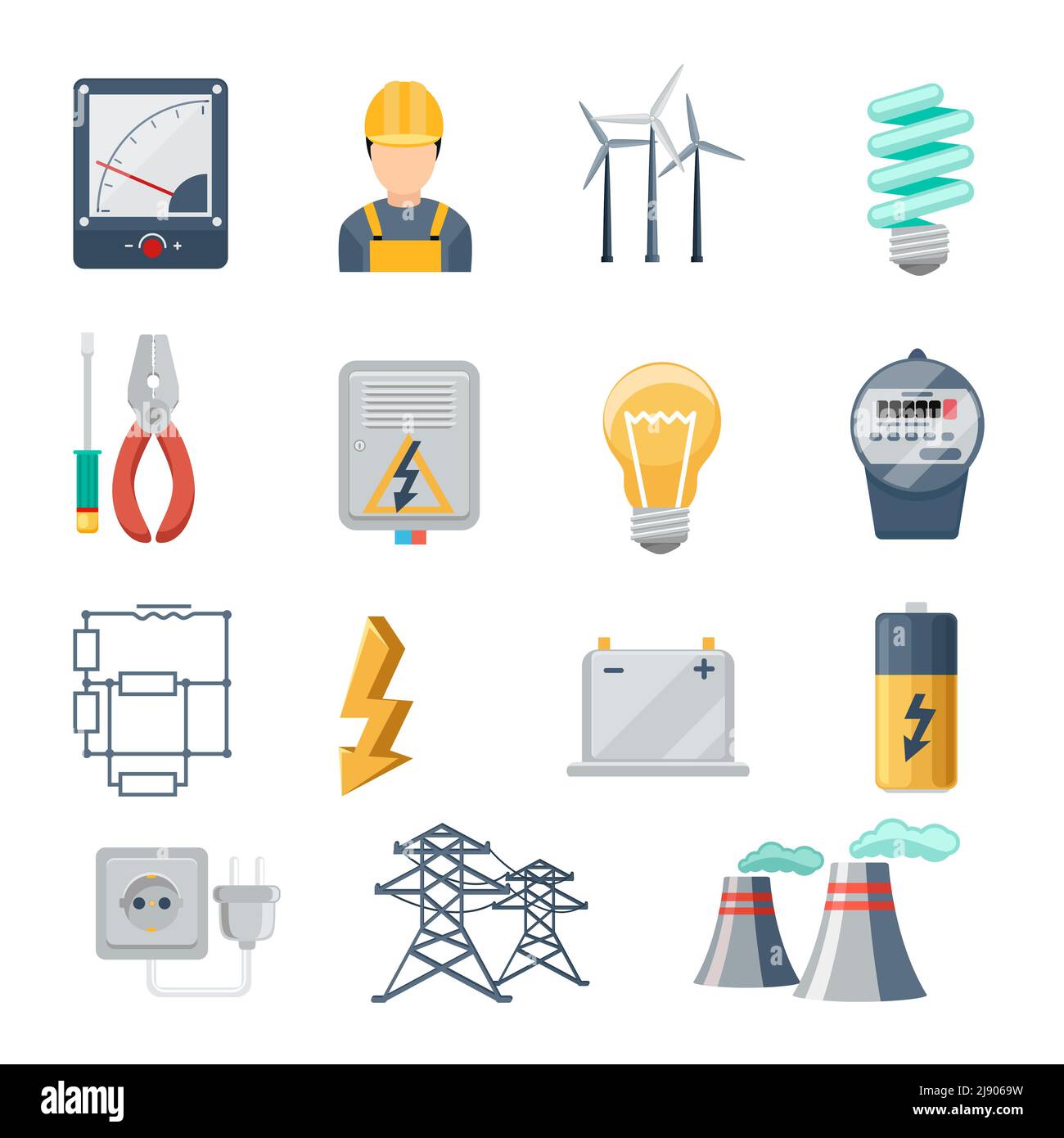 Jeu de vecteurs plats d'icônes de l'industrie de l'électricité et de l'énergie. Transformateur et prise, fiche mâle et capacité, symbole d'énergie, illustration vectorielle Illustration de Vecteur