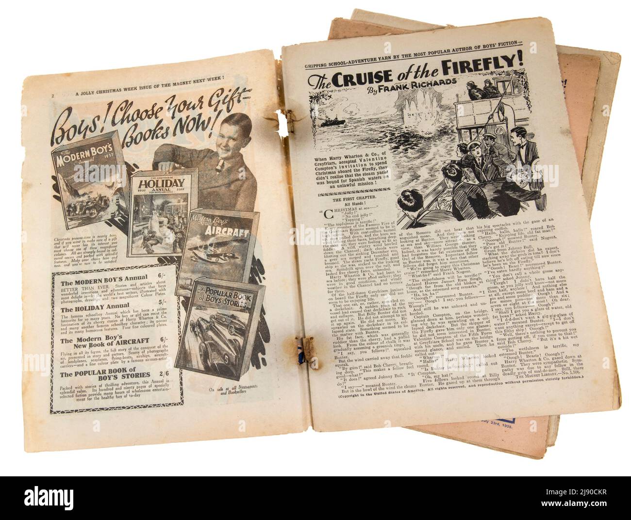 The Magnet, bande dessinée pour garçons avec Billy Bunter, pages ouvertes montrant le début de l'histoire par Frank Richards et une publicité pour les garçons modernes annuelle, de Christ Banque D'Images