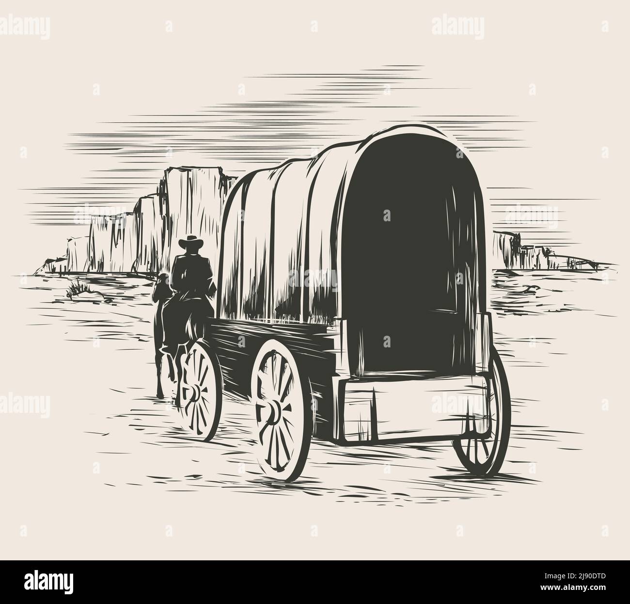 Vieux wagon dans les prairies sauvages de l'Ouest. Pioneer on Horse Transportation Cart, illustration vectorielle Illustration de Vecteur