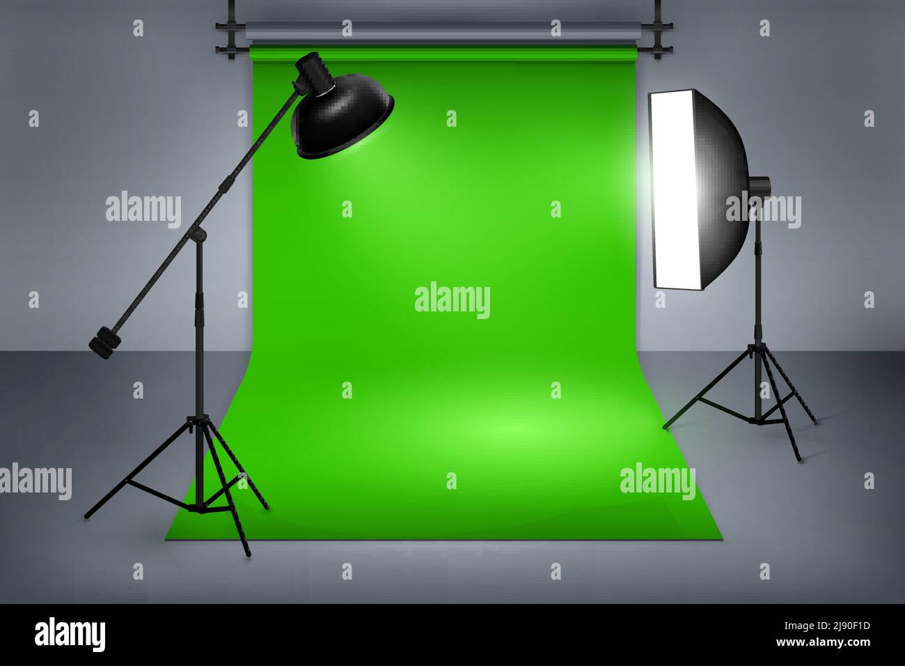 Film ou photo studio écran vert. Intérieur avec équipement, photographie et flash projecteur. Illustration vectorielle Illustration de Vecteur