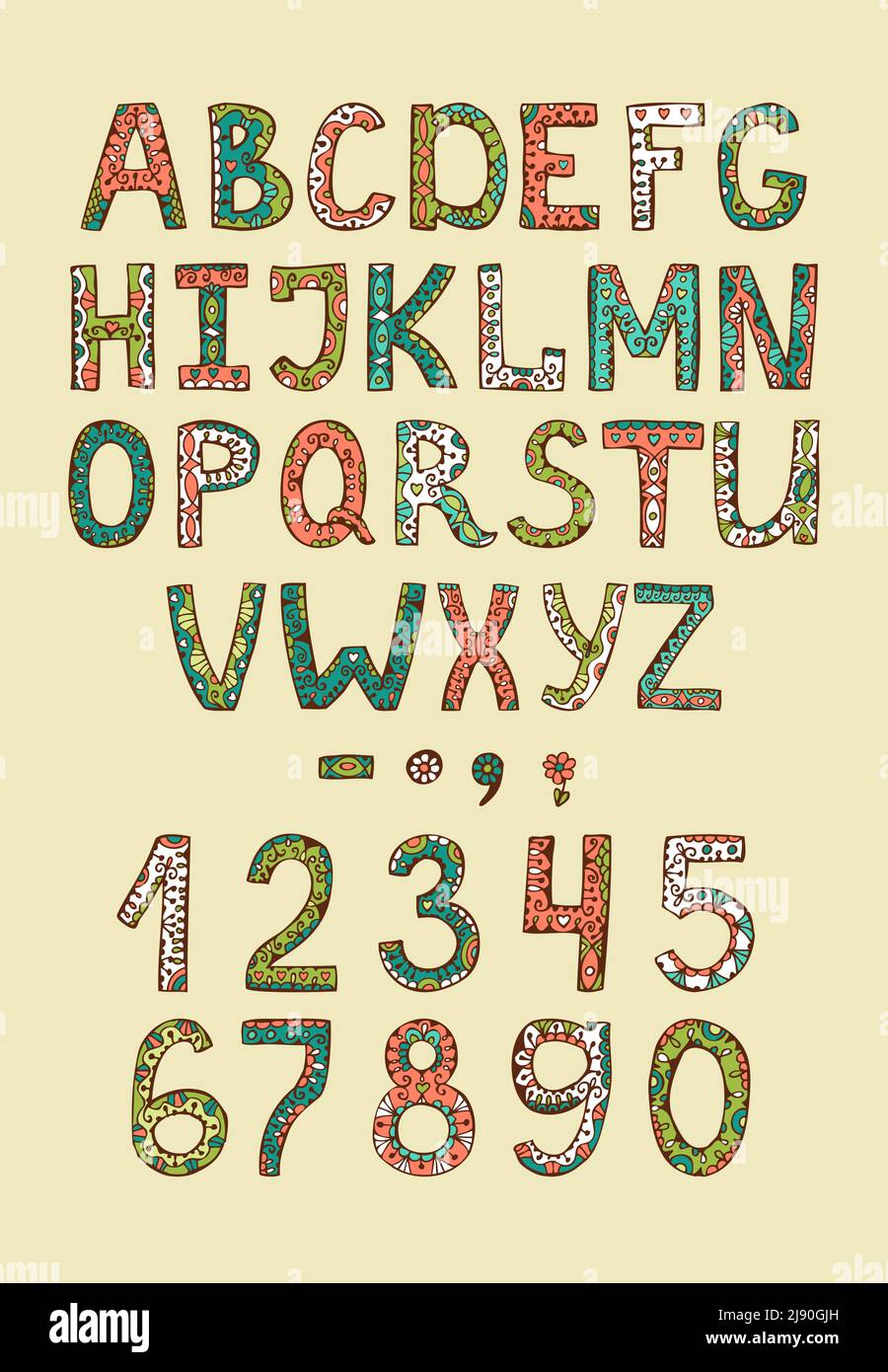 Lettres en ABS dessinées à la main avec décoration décorative colorée Illustration de Vecteur