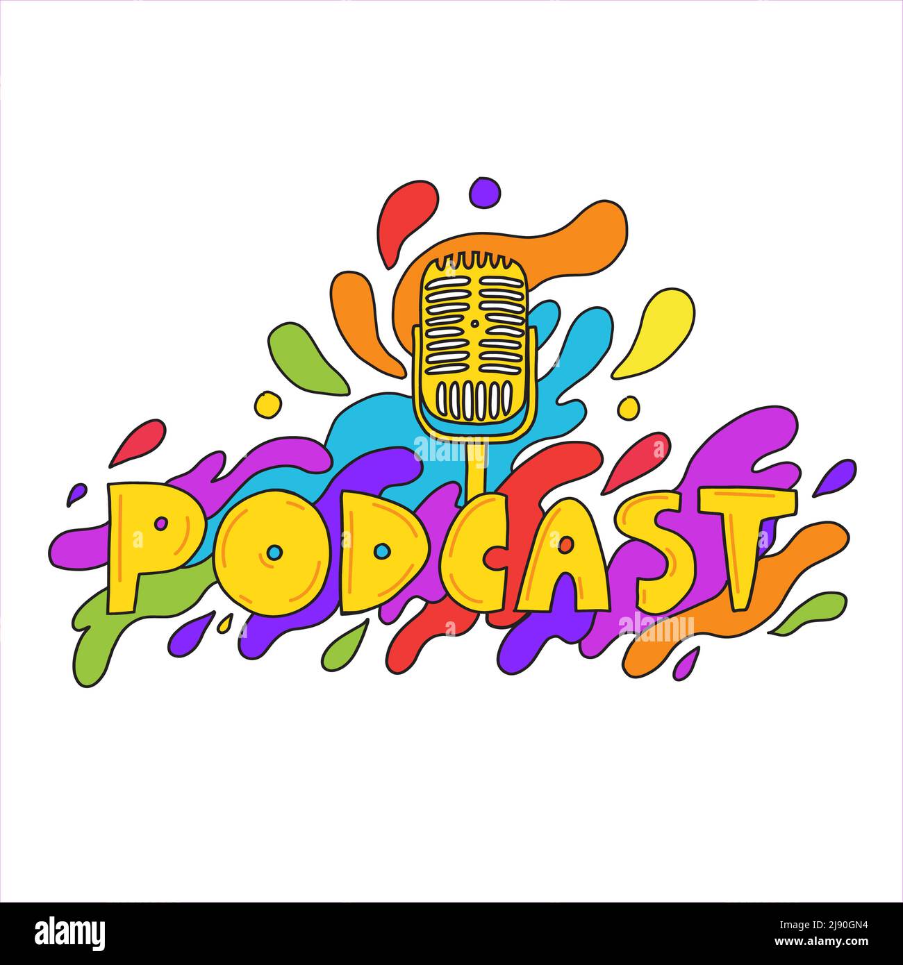 Inscription colorée du logo du podcast. Drôle de dessin animé doodle podcast logo avec microphone. Bon pour le podcasting, la diffusion, l'hébergement de médias, la bannière, le web ra Illustration de Vecteur