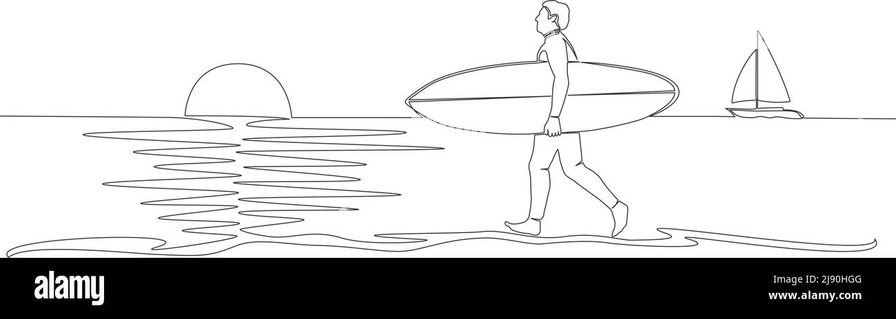 dessin d'un seul trait d'homme portant une planche de surf sur la plage, illustration vectorielle d'art de ligne Illustration de Vecteur