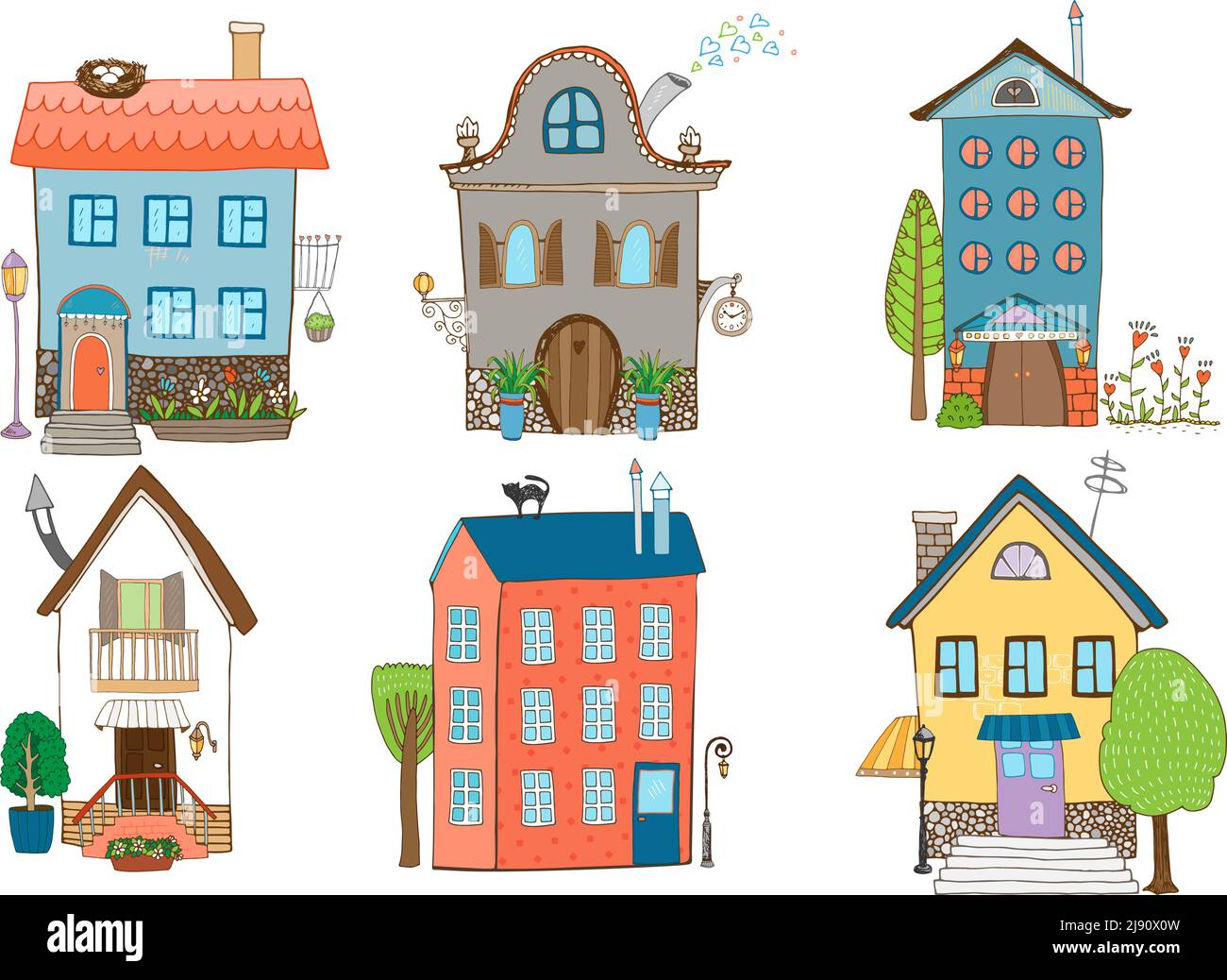 Home Sweet Home - ensemble de maisons vectorielles dessinées à la main différents styles architecturaux avec des plantes et des arbres isolés sur blanc Illustration de Vecteur