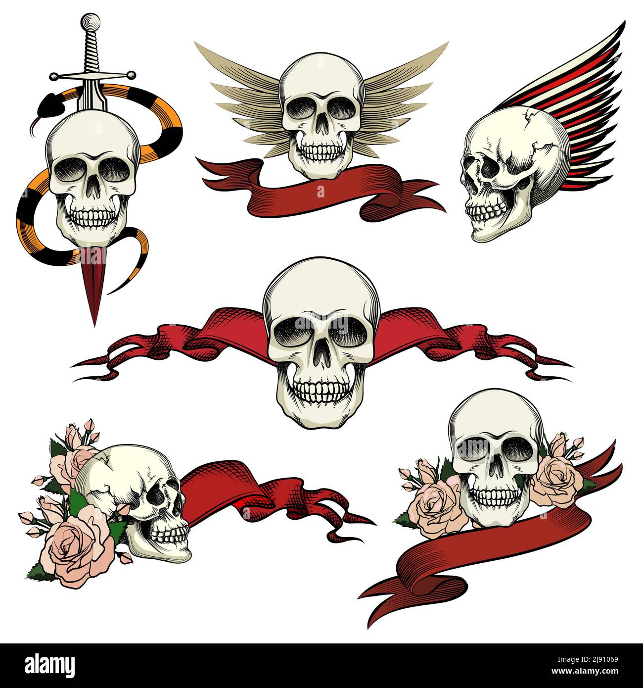 Ensemble d'icônes commémoratives du crâne avec des banderoles de ruban vierges roses des ailes et une épée un serpent à honorer et se rappeler les dessins de vecteur mort sur whit Illustration de Vecteur