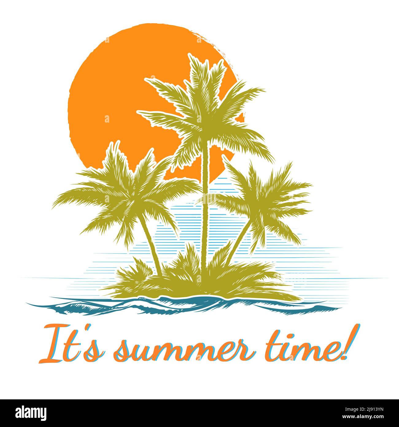 Imprimé pour un t-shirt d'été avec palmiers. Île paradisiaque, loisirs et océan, décoration de loisirs bannière ou affiche. Illustration vectorielle Illustration de Vecteur