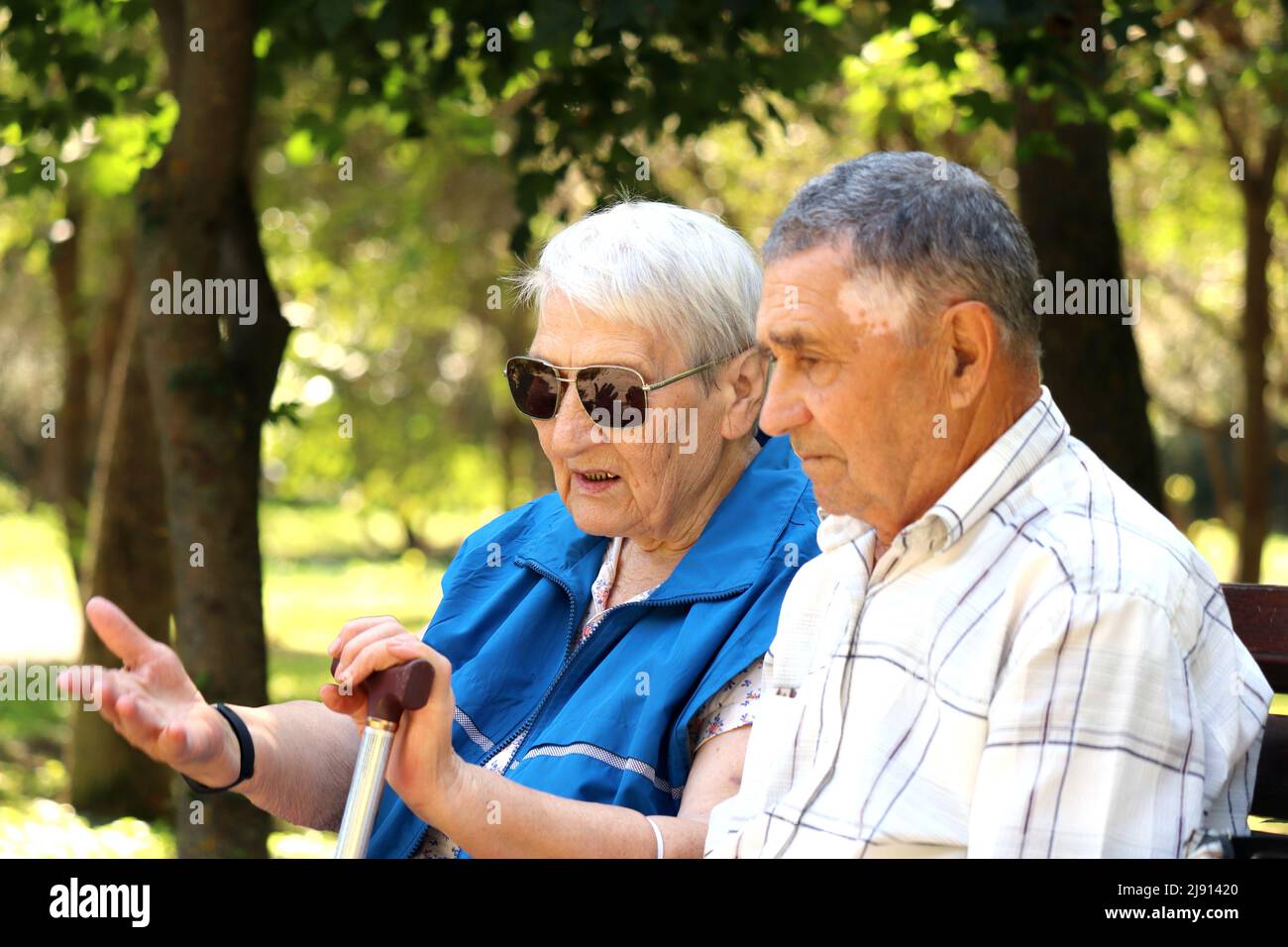 Couple de personnes âgées assis sur un banc dans un parc de printemps ou d'été. Homme et femme senior parlant à l'extérieur, la vie à la retraite Banque D'Images
