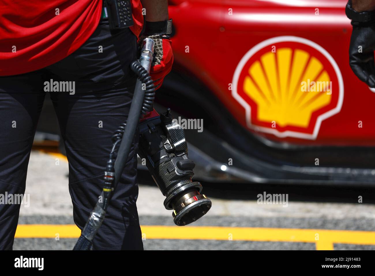 Montmelo, Espagne, 19/05/2022, 16 LECLERC Charles (mco), Scuderia Ferrari F1-75, Pitstop pratique pendant la Formule 1 Pirelli Grand Premio de Espana 2022, 6th ronde du Championnat du monde de Formule 1 de la FIA 2022, sur le circuit de Barcelone-Catalunya, du 20 au 22 mai 2022 à Montmelo, Espagne - photo: Florent/DPIB/LiveMedia Banque D'Images