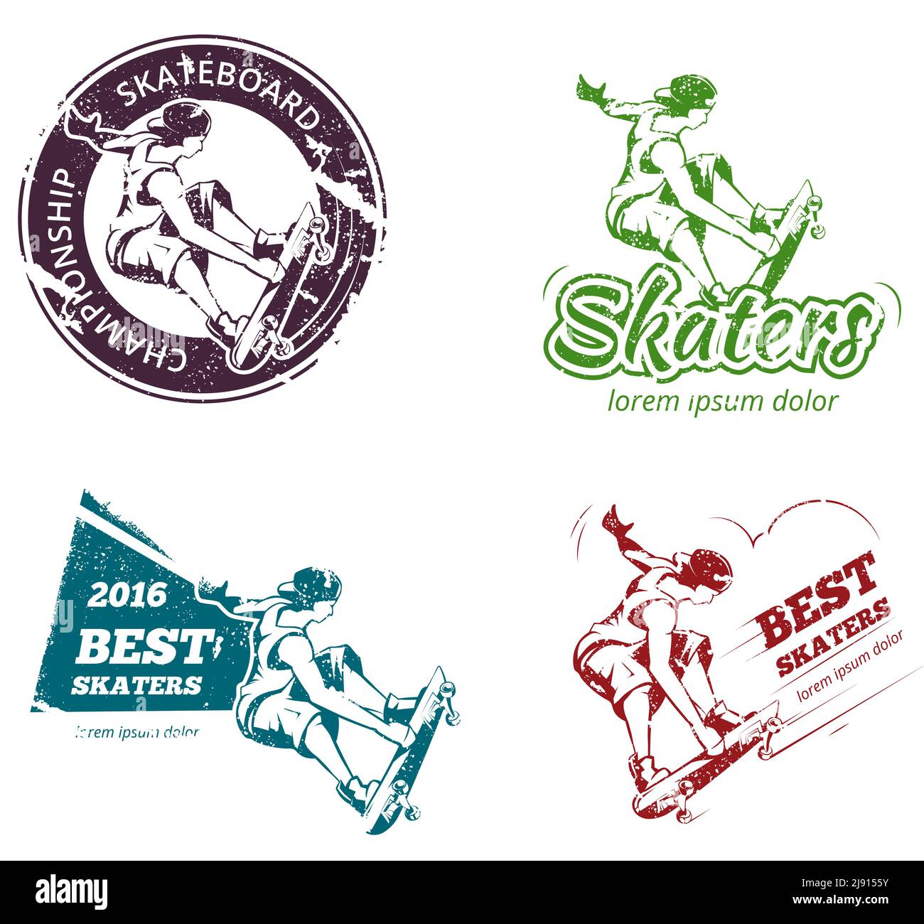 Ensemble d'étiquettes, logos et autocollants rétro pour skateboard. Emblème imprimé, urbain extrême. Illustration vectorielle Illustration de Vecteur