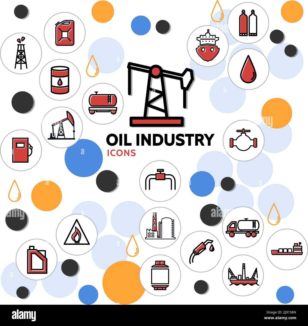Concept de l'industrie pétrolière avec distributeur de carburant de camion à baril de bidon de derrick pompe usine pétrochimique vannes tanker icônes de ligne dans des cercles isolés vecteur illust Illustration de Vecteur