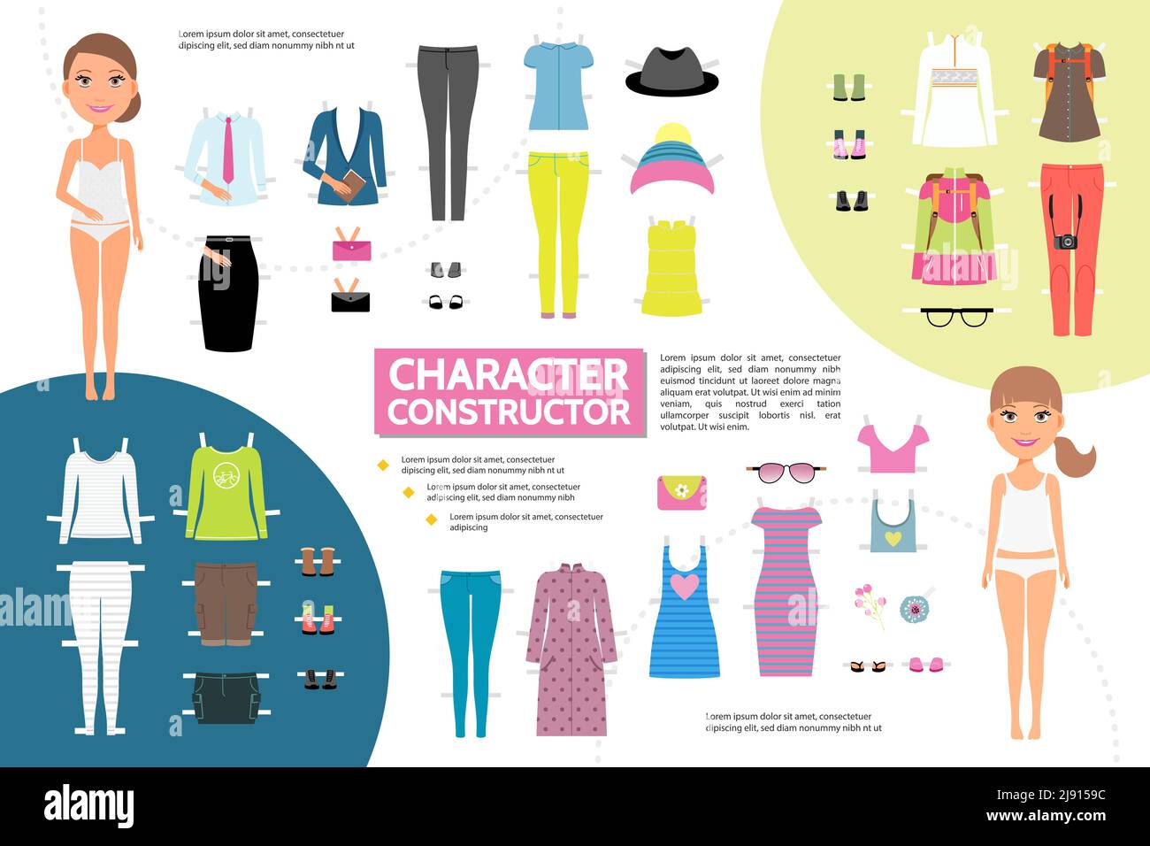 Flat Woman personnage création concept infographie avec jeunes filles affaires été voyage décontracté vêtements chaussures sac à main lunettes de soleil broche isolée Illustration de Vecteur