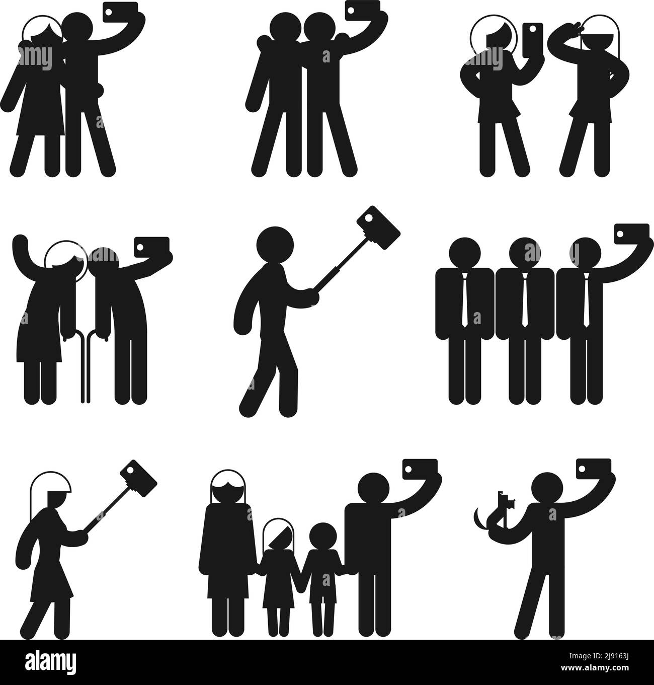 Ensemble d'icônes de selfie vectoriel. Photo de téléphone, de personnes et de mobiles, photo d'homme et de femme de famille et d'enfant Illustration de Vecteur
