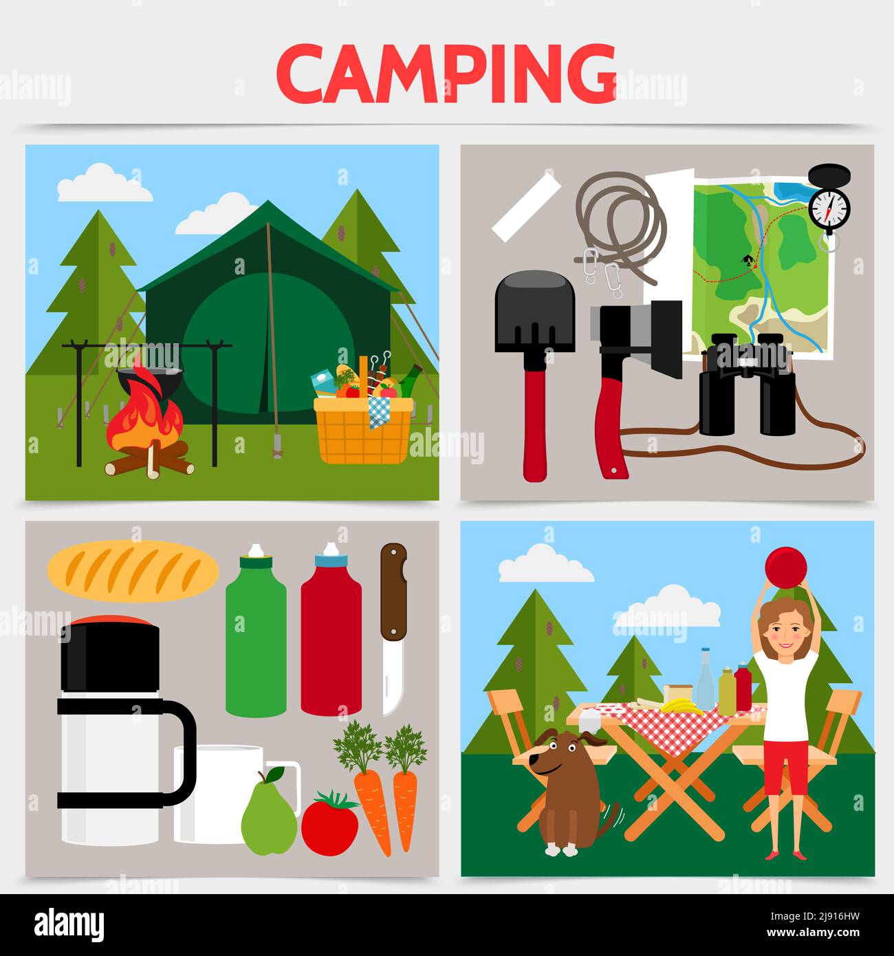 Terrain de camping plat concept carré avec tente feu de camp table pour chiens chaises pelle ax carte compas jumelles produits pour le vecteur de pique-nique illustration Illustration de Vecteur