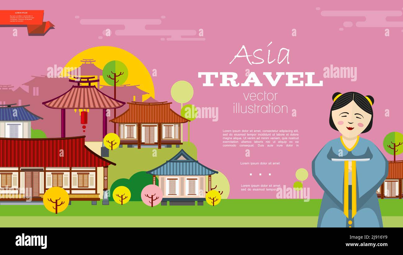 Voyage à plat en Asie avec geisha en costume national paysage urbain avec illustration vectorielle de bâtiments japonais traditionnels Illustration de Vecteur