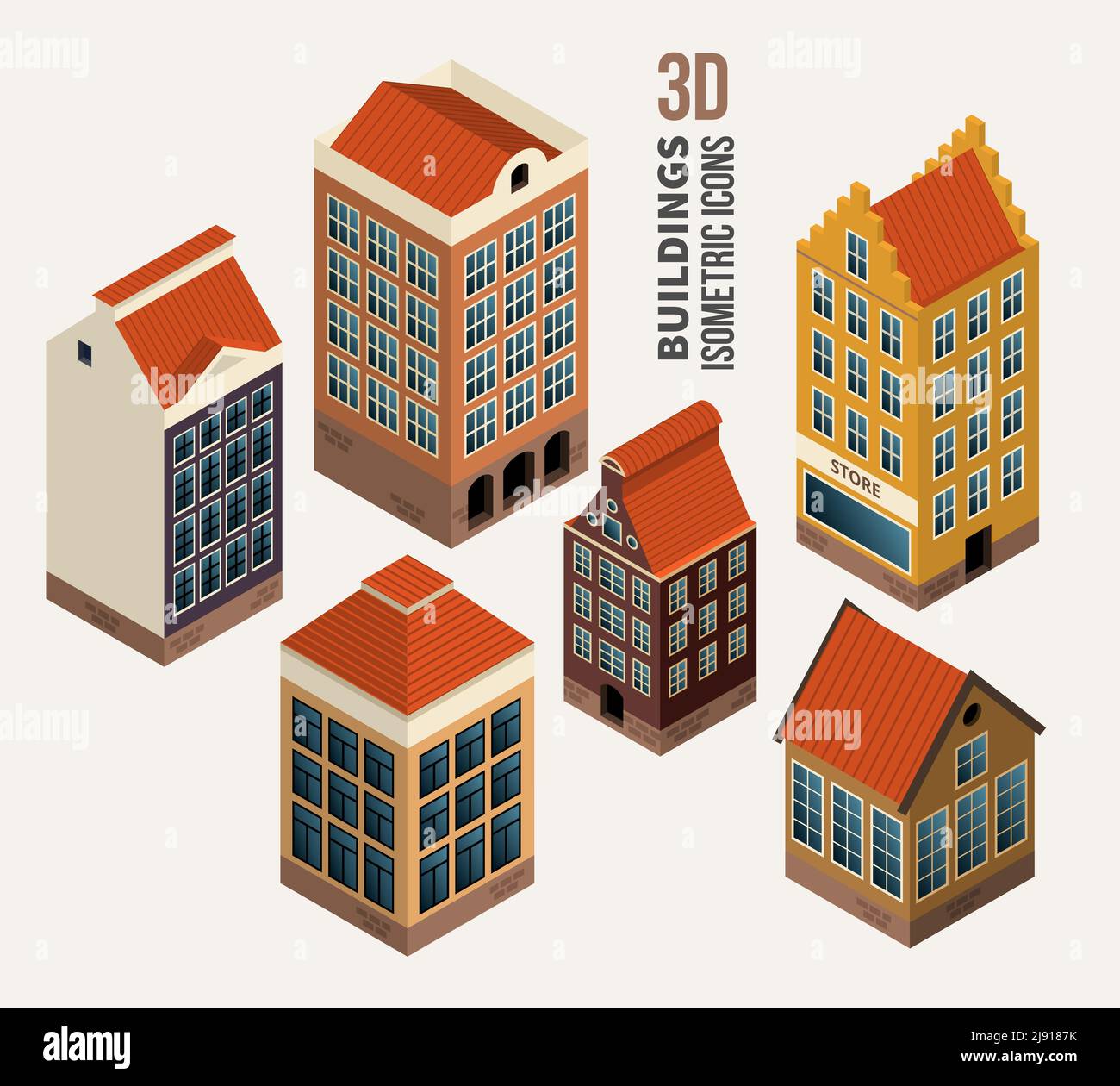 Ensemble de jolies maisons, architecture isométriques 3d vecteur bâtiments. Icône et symbole, bloc d'appartements. Illustration vectorielle Illustration de Vecteur