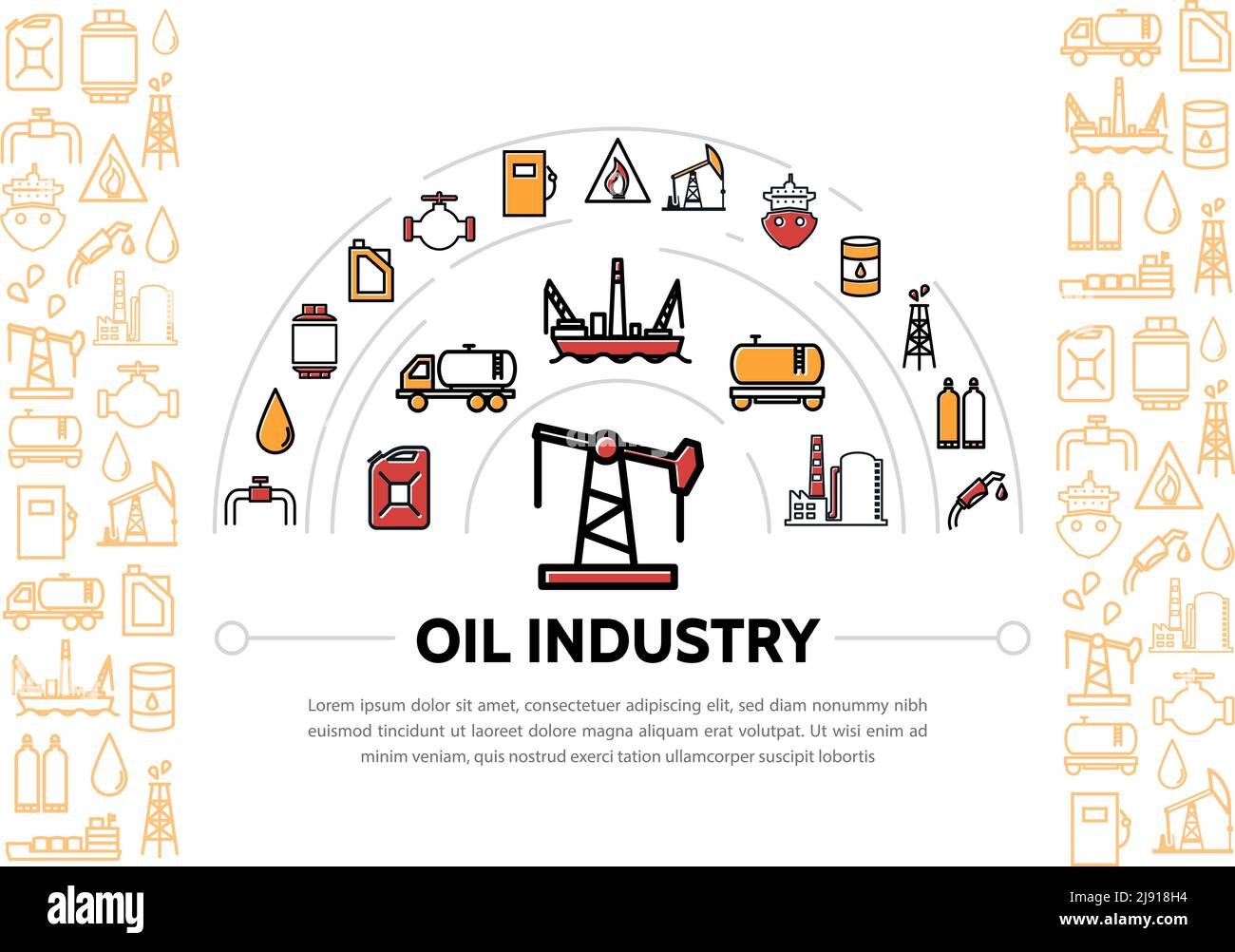 Composition de l'industrie pétrolière avec le camion-citerne à plateforme d'eau de la benne à benne derrick icônes de la ligne de distribution de la pompe à carburant du cylindre du réservoir-citerne en usine vecteur isolé Illustration de Vecteur
