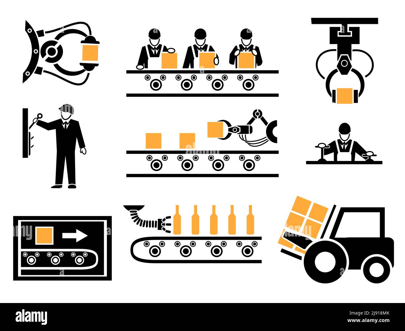 Ensemble d'icônes de processus de fabrication ou de production. Convoyeur industriel, boîte d'emballage, machine mécanique, illustration vectorielle Illustration de Vecteur