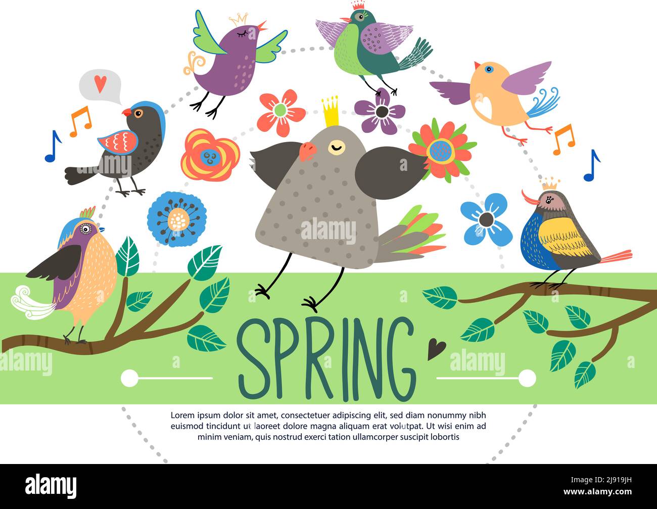 Modèle de printemps plat avec fleurs magnifiques adorables oiseaux chanteurs volant dans la forêt et assis sur les branches d'arbre vecteur isolé illustration Illustration de Vecteur