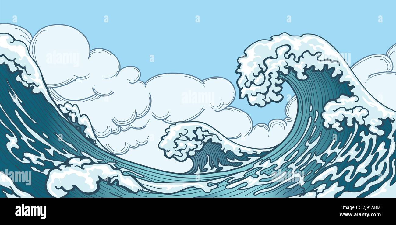 Grande vague de l'océan dans le style japonais. Éclaboussures d'eau, espace de tempête, météo nature. Illustration vectorielle de grandes ondes dessinée à la main Illustration de Vecteur