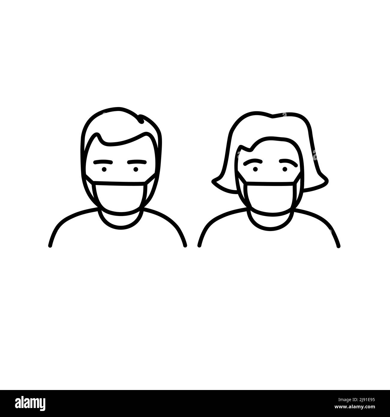 Homme et femme portant des masques médicaux. Vue avant. Motif avatar de ligne homme et femme. Illustration de Vecteur