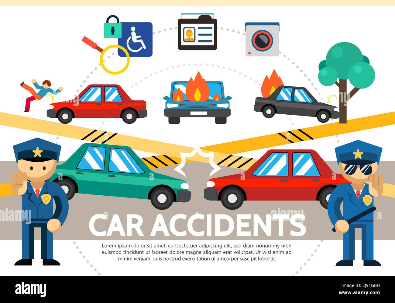 Concept d'accident d'auto à plat avec collision de voiture piéton a frappé en feu automobile police surveillance caméra vidéo permis de conduire vecteur isolé illustrat Illustration de Vecteur