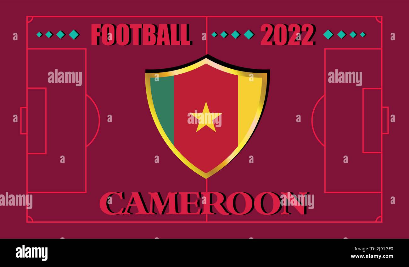 Coupe du monde de la FIFA, Qatar 2022. Drapeau de l'équipe Cameroun et texte sur fond de terrain de football. Illustration vectorielle. eps 10 Illustration de Vecteur