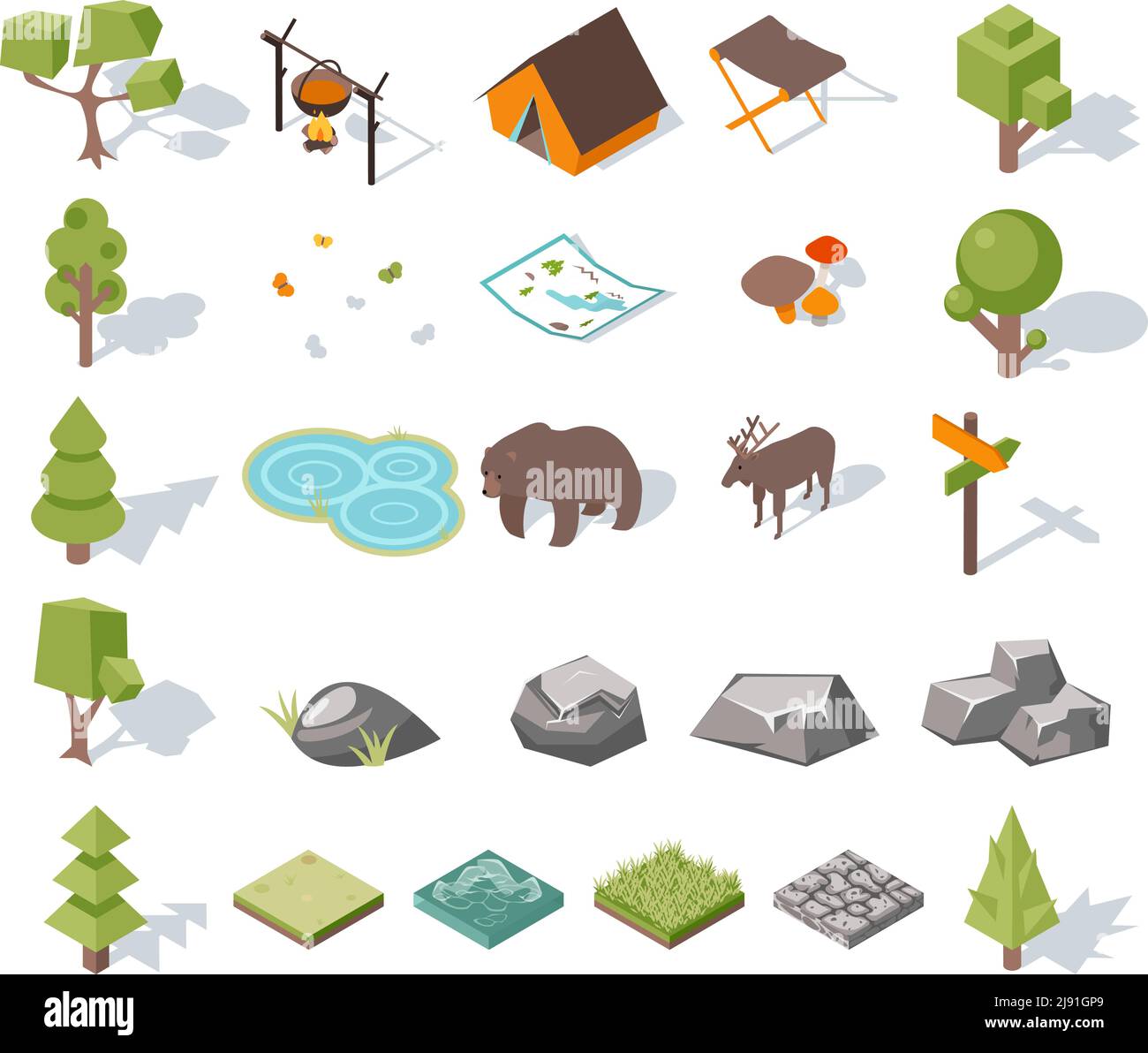 Éléments de camping de forêt isométrique en 3d pour la conception de paysages. Tente et cerf, camp et ours, papillons et champignons, carte et étang. Illustration vectorielle Illustration de Vecteur
