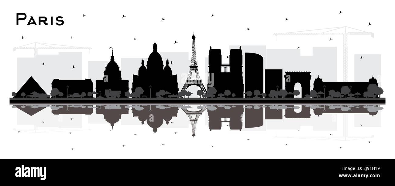 Paris France silhouette de ciel avec bâtiments noirs et réflexions isolées sur blanc. Illustration vectorielle. Concept de voyages d'affaires. Illustration de Vecteur