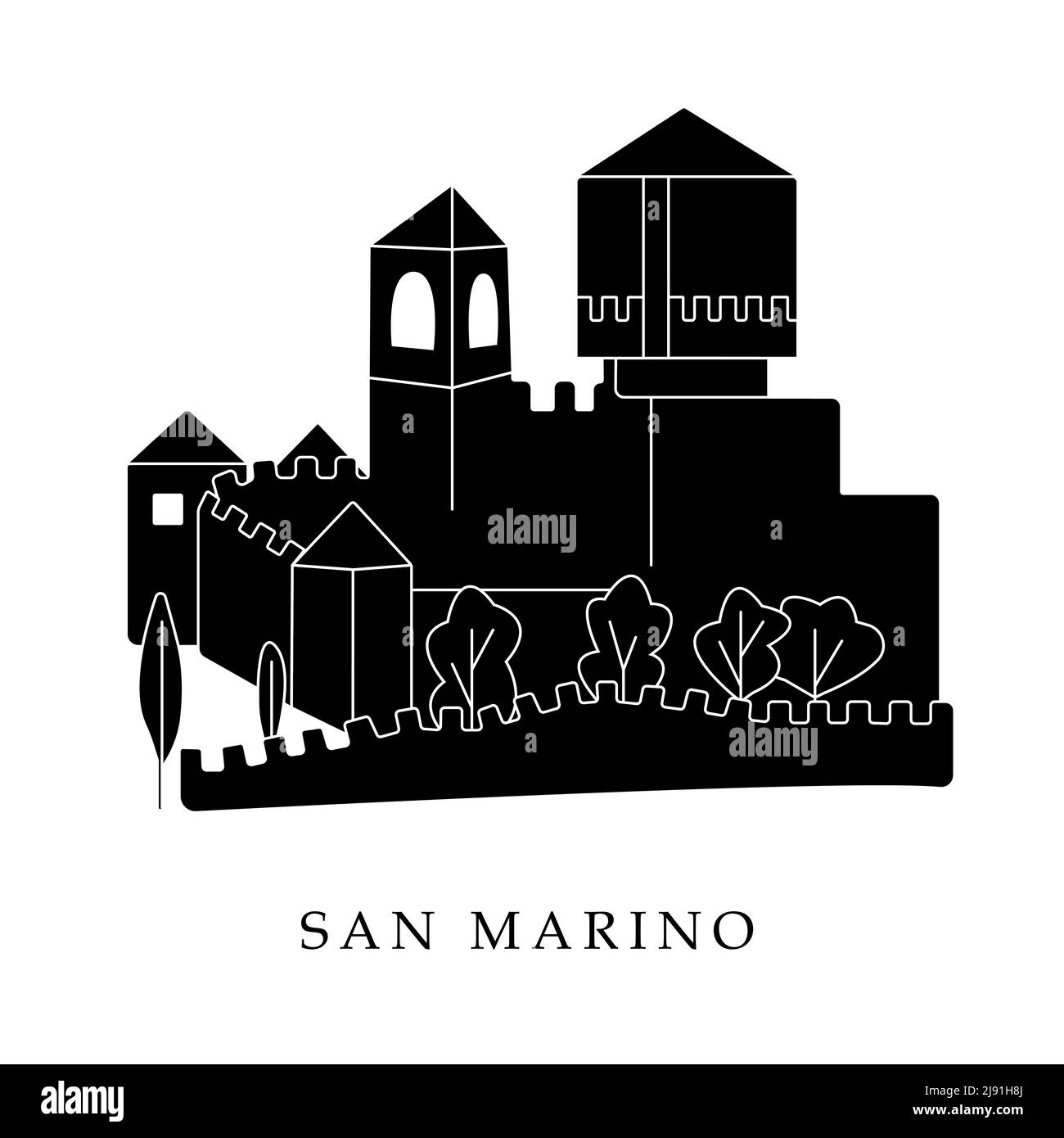 Capitales européennes, Saint-Marin. Illustration en noir et blanc Illustration de Vecteur