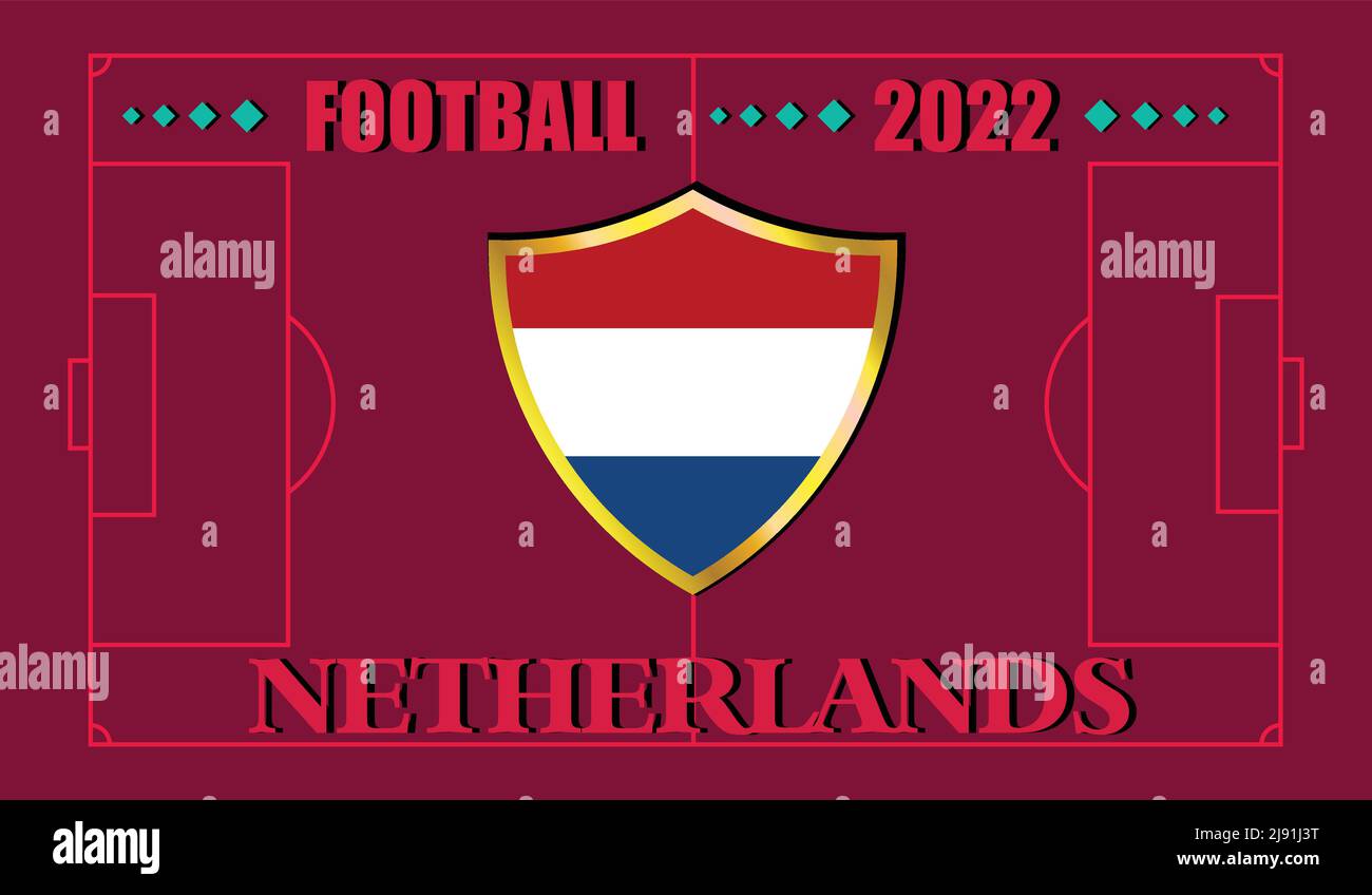 Coupe du monde de la FIFA, Qatar 2022. Motif drapeau de l'équipe des pays-Bas et texte sur fond de terrain de football. Illustration vectorielle. eps 10 Illustration de Vecteur