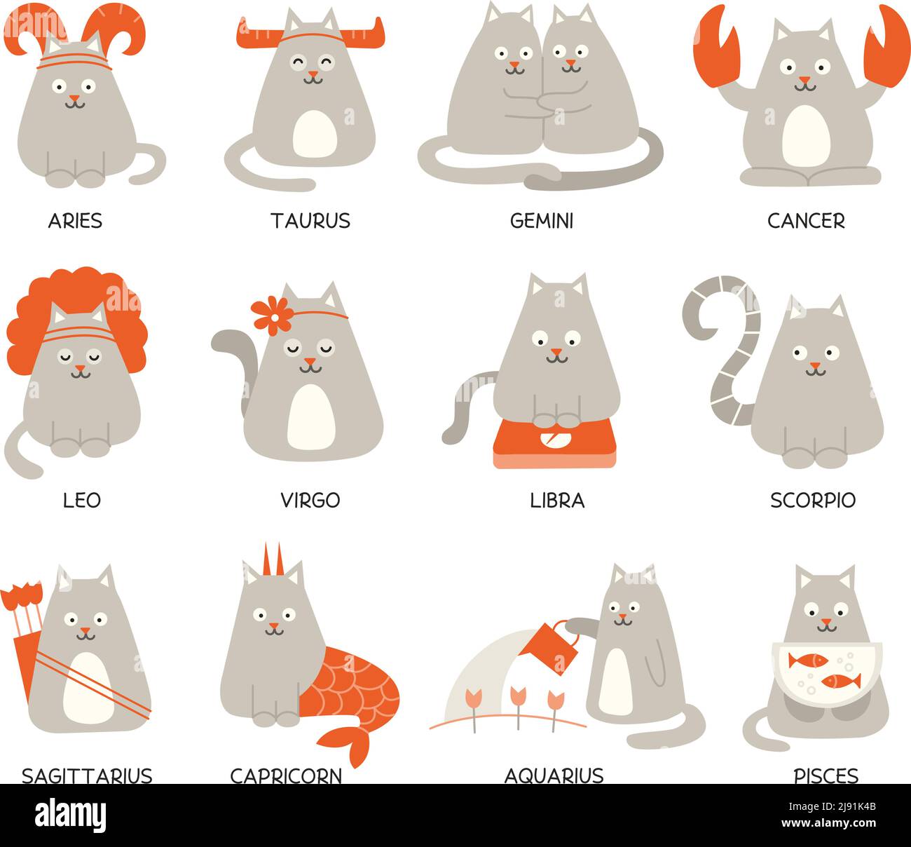 Ensemble de chats drôle de zodiaque mignon. Douze signes du zodiaque. Bélier taureau cancer gémeaux lion vierge balance scorpion sagittaire capricorne verseau poissons. Cat Illustration de Vecteur