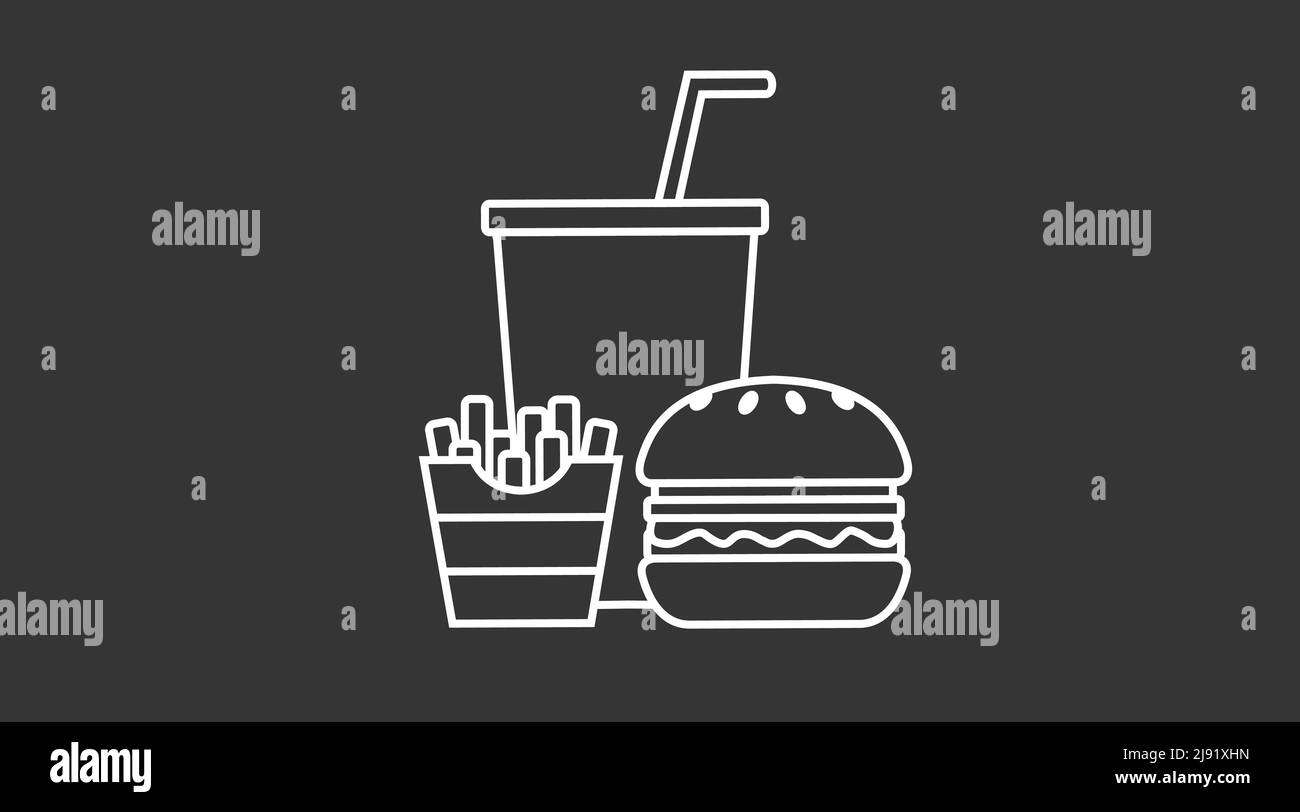 Illustration vectorielle de Burger, frites et soda en ligne simple. Style linéaire Fast Food Icon, isolé sur fond blanc Illustration de Vecteur