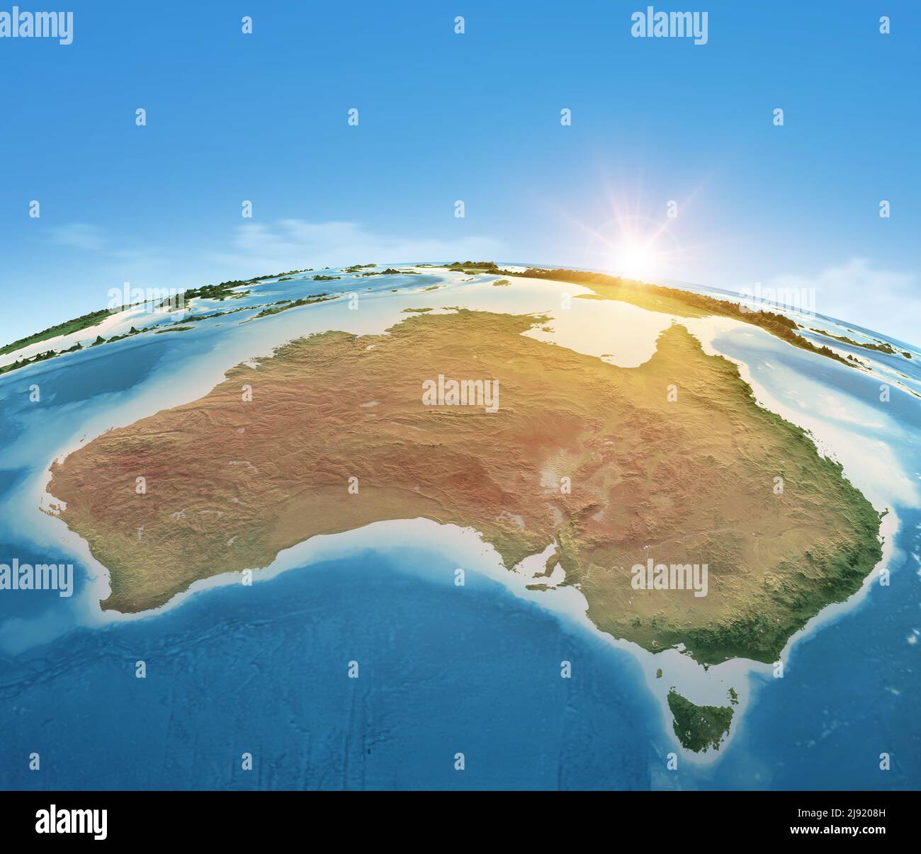 Carte physique de la planète Terre, axée sur l'Australie. Vue par satellite, soleil éclatant à l'horizon. Éléments fournis par la NASA Banque D'Images