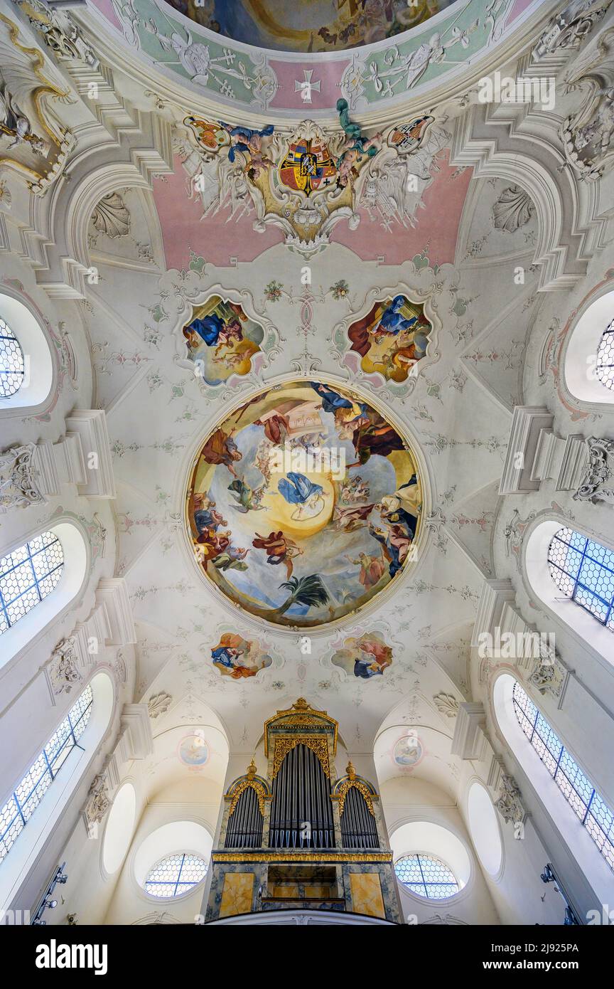 Fresques d'orgue et de plafond, église du château Sainte-Marie, île de Mainau, lac de Constance, Bade-Wurtemberg, Allemagne Banque D'Images