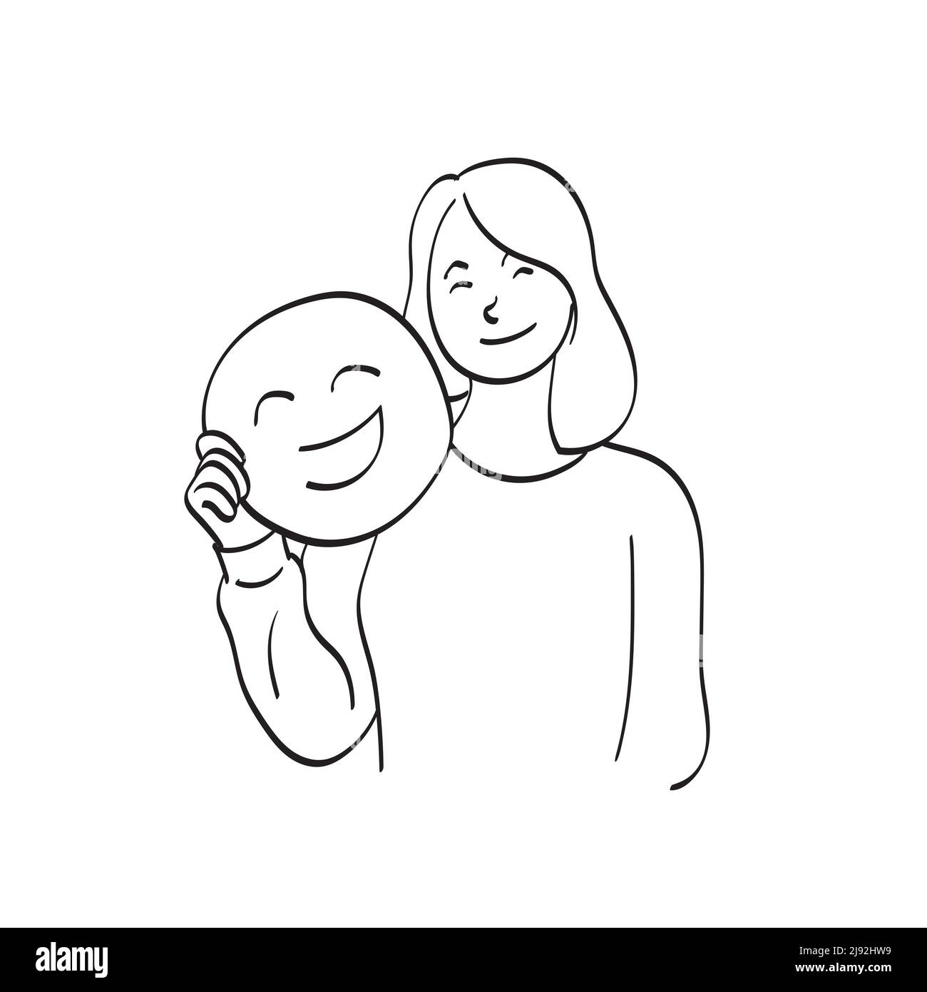 dessin au trait demi-longueur de femme tenant une émoticône souriante illustration vecteur main dessiné isolé sur fond blanc Illustration de Vecteur