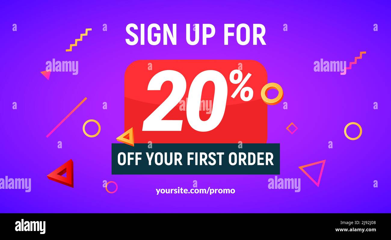 Code de réduction inscrivez-vous à l'offre publicitaire. Promotion promotionnelle circulaire de 20 % de rabais sur les promotions Illustration de Vecteur