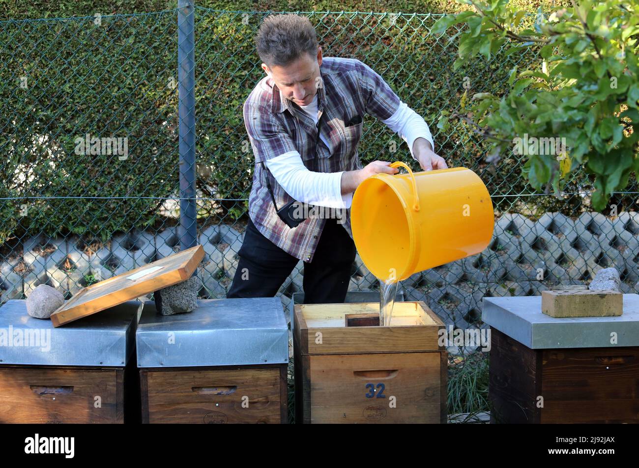 28.10.2021, Neuenhagen, Brandebourg, Allemagne - le apiculteur verse une solution de sucre dans la ruche d'une colonie d'abeilles. 00S211028D634CAROEX.JPG [VERSION DU MODÈLE : Banque D'Images